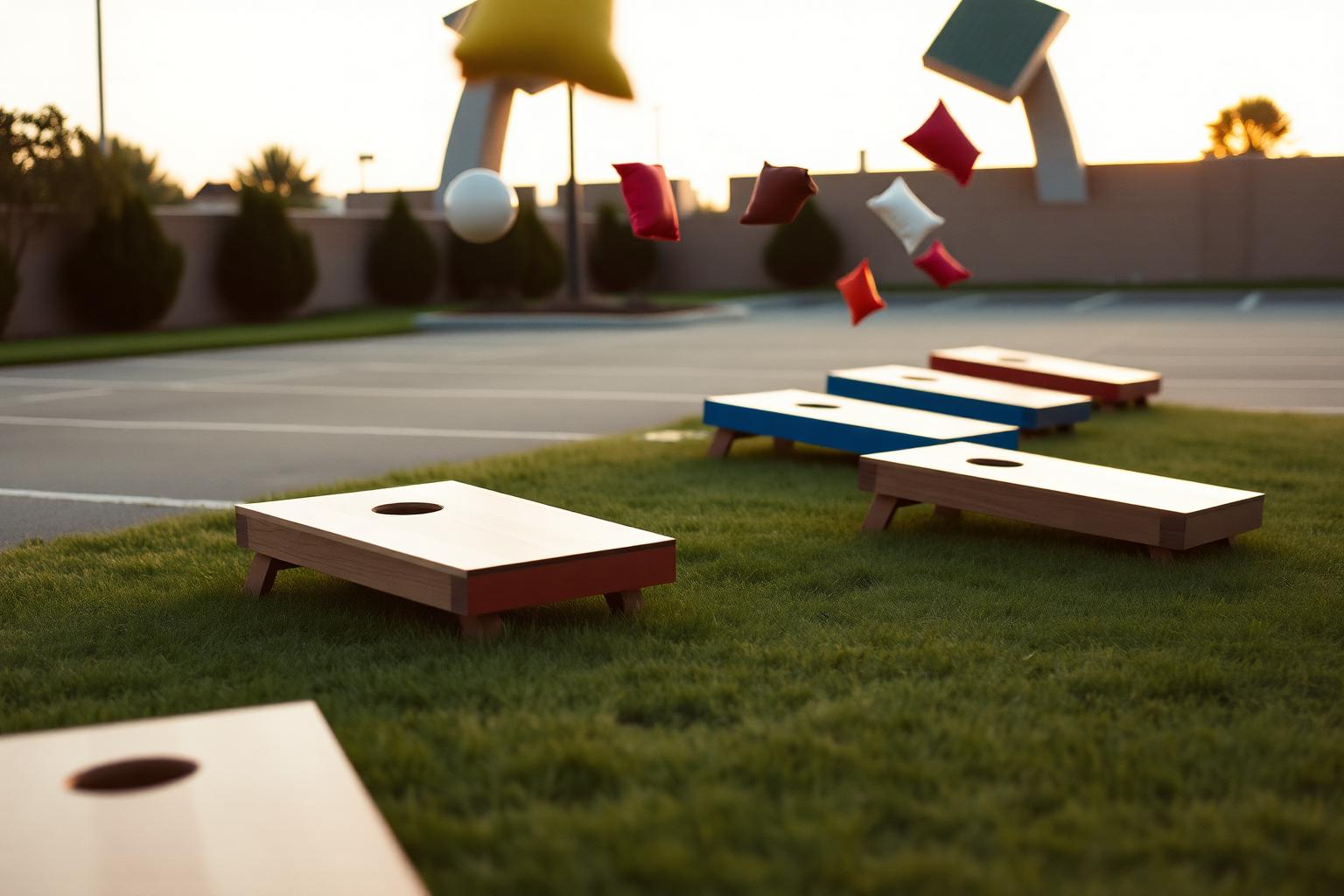 Cornhole boards set up on grass with bags in the air